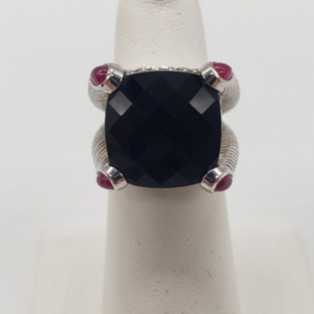 JUDITH RIPKA SQUARE BLACK FACETED ONYX GEM WITH RUBY ACCENTS - Picture 5 of 6